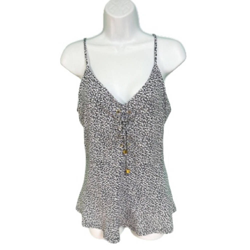 MICHAEL Michael Kors Blue & White Floral Gold Detail Lace Up Tank Womens Size L